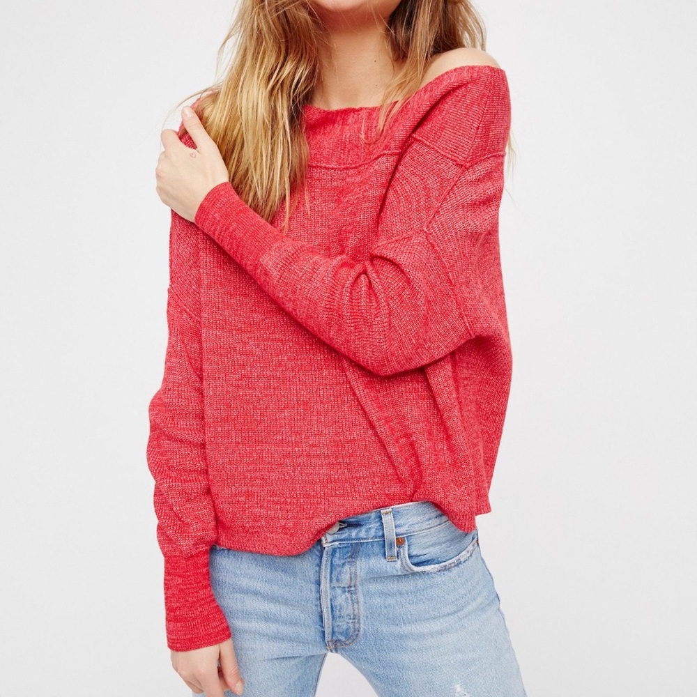 Free People Off Shoulder Alana Sweater Red Pink